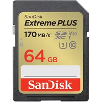 Sandisk Extreme Plus 64Gb Sdxc Memory Card  2 years Rescuepro Deluxe up to 170Mb/S 80Mb/S Read/Write speeds, Uhs-I, Class 10, U3, V30, Ean 619659189341 Sdsdxw2-064G-Gncin