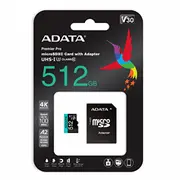 Karta Adata Premier Pro Microsdxc 512 Gb Class 10 Uhs-I/U3 A2 V30 Ausdx512Gui3V30Sa2-Ra1  4710273771359