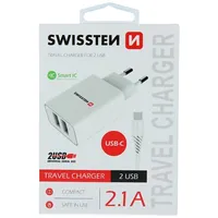 Swissten Smart Ic Tīkla Lādētājs 2X Usb 2.1A ar Usb-C vadu 1.2 m Balts