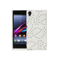 Sony Xperia Z1 Leather Floral Design Crystal Studs Back Case Cover White maks C6903