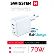 Swissten Gan Tīkla Lādētājs 2 x Usb-C / Usb 70W  22054100 8595217476639