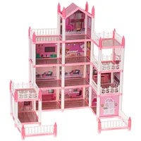 Leļļu mājas villa rozā Diy 4 līmeņu mēbeles Kx5140