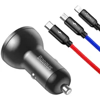 Baseus Digital Display Dual Usb 4.8A Car Charger 24W with Three Primary Colors 3-In-1 Cable 1.2M Black Suit Grey
