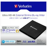 Verbatim Blu-Ray Recorder, Usb 3.1, 6X/8X/24X, Uhd, 4K, Bdxl - Portable