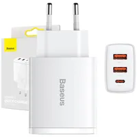 Baseus Compact Quick Charger mains charger, 2Xusb, Usb-C, Pd, 3A, 30W White
