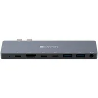 Canyon Multiport Docking Station with 8 port, 1Type C Pd100W2Type data2HDMI2USB3.01Audio. Input 100-240V, Output Usb-C Pd100W And Usb-A 5V/1A, Aluminium alloy, Space gray, 1354810Mm, 0.05