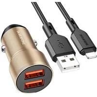Borofone Car charger Bz19 Wisdom - 2Xusb 12W with Usb to Lightning cable gold  Ład001569 6974443387346