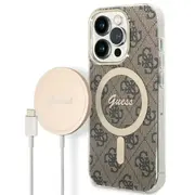 Zestaw Guess Gubpp14Lh4Eacsw Case Charger iPhone 14 Pro 6,1 brązowy brown hard case 4G Print Magsafe  3666339102913