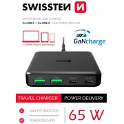 Swissten Desktop Gan Charger Adaperis 2X Usb-C /  Usb 65W 22057100 8595217482845