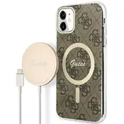Zestaw Guess Gubpn61H4Eacsw CaseCharger iPhone 11 6,1 brązowy brown hard case 4G Print Magsafe  3666339103385