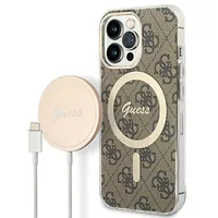Zestaw Guess Gubpp13Lh4Eacsw Case Charger iPhone 13 Pro brązowy brown hard case 4G Print Magsafe  3666339102876