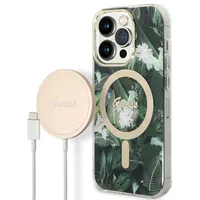 Zestaw Guess Gubpp14Xhjeacsa Case Charger iPhone 14 Pro Max 6,7 zielony green hard case Jungle Magsafe  3666339103286