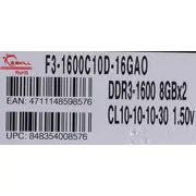 G.skill 16Gb Pc3-12800 Kit memory module 2 x 8 Gb Ddr3 1600 Mhz  F3-1600C10D-16Gao 4711148598576 Pamgskdr30056