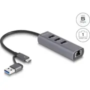 Delock 3 Port Usb 5 Gbps Hub  Gigabit Lan with Type-CTrade or Type-A connector in metal case 64282 4043619642823