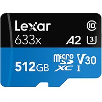 Lexar High-Performance 633X Uhs-I  Microsdxc, 512 Gb, Flash memory class 10, Black/Blue, Class A2 V30 U3, 70 Mb/S, 100 Mb/S 387518