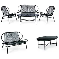 Rotangpalmas dārza mēbeļu komplekts, metāla krēsli, sols un melns galds. 672748