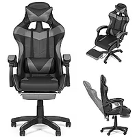 Spēļu kausa krēsls, regulējams biroja krēsls ar kāju spilveniem, pelēks 700507