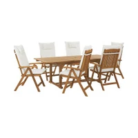 Shumee Garden komplekts. koka galds un 6 krēsli ar baltiem Java spilveniem Zestaw ogrodowy drewniany poduszkami
