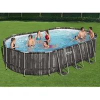 Bestway Power Steel Frame Pool Set, 610 cm x 366 122 cm, swimming pool Dark brown/blue, wood decor, with filter pump 5611R