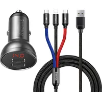 Baseus Car charger with 24W display  Usb cable 3In1 Three Primary Colors 1.2M Tzccbx-0G