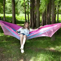 Portable Outdoor Camping Full-Automatic Nylon Parachute Hammock with Mosquito Nets, Size  290 x 140Cm Pink Blue