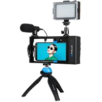 Puluz 4 in 1 Bluetooth Handheld Vlogging Live Broadcast Led Selfie Light Smartphone Video Rig Kits with Microphone  Tripod Mount Cold Shoe Head for iPhone, Galaxy, Huawei, Xiaomi, Htc, Lg, Google, and Other SmartphonesBlue