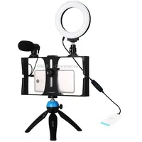 Puluz 4 in 1 Vlogging Live Broadcast Smartphone Video Rig  4.7 inch 12Cm Ring Led Selfie Light Kits with Microphone Tripod Mount Cold Shoe Head for iPhone, Galaxy, Huawei, Xiaomi, Htc, Lg, Google, and Other SmartphonesBlue