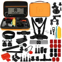 Puluz 53 in 1 Accessories Total Ultimate Combo Kits with Orange Eva Case Chest Strap  Suction Cup Mount 3-Way Pivot Arms J-Hook Buckle Wrist Helmet Extendable Monopod Surface Mounts Tripod Adapters Storage Bag Handlebar for Gopro Hero11 Black / Hero10 Blac
