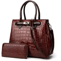 T5056 2 in 1 Crocodile Pattern Patent Leather Diagonal Handbags Large-Capacity Single-Shoulder BagBrown