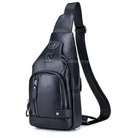 Bull Captain 129 First-Layer Cowhide Men Soft Chest Bag Outdoor Casual Messenger BagBlack