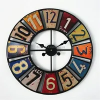 Digital Round Retro Wall Clock Creative License Plate Wrought Iron Decorative ClockColorful