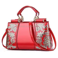 Ladies Single Sided Embroidered Shiny Leather HandbagRed