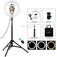 Puluz 10.2 inch 26Cm Light  1.65M Tripod Mount Curved Surface Usb 3 Modes Dimmable Dual Color Temperature Ring Vlogging Video Live Broadcast Kits with Phone Clamp Selfie Remote ControlBlack