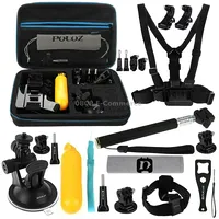 Puluz 20 in 1 Accessories Combo Kits with Eva Case Chest Strap  Head Suction Cup Mount 3-Way Pivot Arm J-Hook Buckles Extendable Monopod Tripod Adapter Bobber Hand Grip Storage Bag Wrench for Gopro Hero11 Black / Hero10 Hero9 Hero8 Hero7 /6