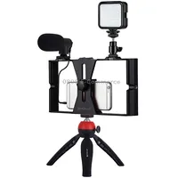 Puluz 4 in 1 Vlogging Live Broadcast Led Selfie Fill Light Smartphone Video Rig Kits with Microphone  Tripod Mount Cold Shoe Head for iPhone, Galaxy, Huawei, Xiaomi, Htc, Lg, Google, and Other SmartphonesRed