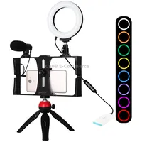 Puluz 4 in 1 Vlogging Live Broadcast Smartphone Video Rig  4.7 inch 12Cm Rgbw Ring Led Selfie Light Microphone Pocket Tripod Mount Kits with Cold Shoe HeadRed