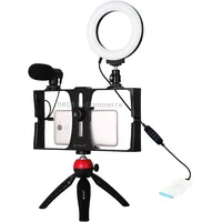 Puluz 4 in 1 Vlogging Live Broadcast Smartphone Video Rig  4.7 inch 12Cm Ring Led Selfie Light Kits with Microphone Tripod Mount Cold Shoe Head for iPhone, Galaxy, Huawei, Xiaomi, Htc, Lg, Google, and Other SmartphonesRed