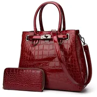 T5056 2 in 1 Crocodile Pattern Patent Leather Diagonal Handbags Large-Capacity Single-Shoulder BagWine Red