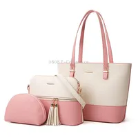 3 in 1 Fashion Simple Lady Diagonal Large Capacity Handbag Letter BagWhite  Pink