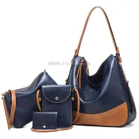 21506 4 in 1 Simple Color-Block Diagonal Handbags Fashion Large Capacity Soft Leather BagsNavy Blue