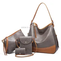 21506 4 in 1 Simple Color-Block Diagonal Handbags Fashion Large Capacity Soft Leather BagsDark Grey
