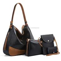 21506 4 in 1 Simple Color-Block Diagonal Handbags Fashion Large Capacity Soft Leather BagsBlack