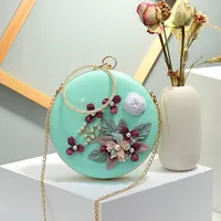 Oms-107 Flower and Pearls Embellished Handbag Metal Buckle Chain Shoulder BagGreen