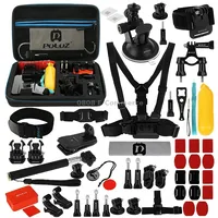Puluz 53 in 1 Accessories Total Ultimate Combo Kits with Eva Case Chest Strap  Suction Cup Mount 3-Way Pivot Arms J-Hook Buckle Wrist Helmet Extendable Monopod Surface Mounts Tripod Adapters Storage Bag Handlebar for Gopro Hero11 Black / Hero10 Gop