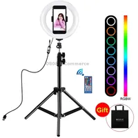 Puluz 7.9 inch 20Cm Usb Rgb Light 1.1M Tripod Mount Dimmable Led Dual Color Temperature Curved Ring Vlogging Selfie Photography Video Lights with Phone ClampBlack