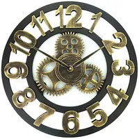 Retro Wooden Round Single-Sided Gear Clock Number Wall Clock, Diameter 40Cm Gold