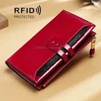 Leather Lady Wallet Multi-Card Slot Retro Oil Wax Long Type Rfid Anti-Theft Brush ClutchWine Red
