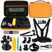 Puluz 20 in 1 Accessories Combo Kits with Orange Eva Case Chest Strap  Head Suction Cup Mount 3-Way Pivot Arm J-Hook Buckles Extendable Monopod Tripod Adapter Bobber Hand Grip Storage Bag Wrench for Gopro Hero11 Black / Hero10 Hero9 Hero8 H