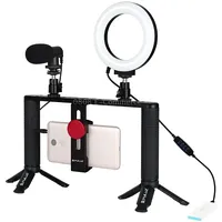 Puluz 4 in 1 Vlogging Live Broadcast 4.7 inch 12Cm Ring Led Selfie Light Smartphone Video Rig Handle Stabilizer Aluminum Bracket Kits with Microphone  Tripod Mount Cold Shoe Head