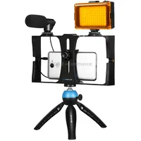 Puluz 4 in 1 Vlogging Live Broadcast Led Selfie Light Smartphone Video Rig Kits with Microphone  Tripod Mount Cold Shoe Head for iPhone, Galaxy, Huawei, Xiaomi, Htc, Lg, Google, and Other SmartphonesBlue